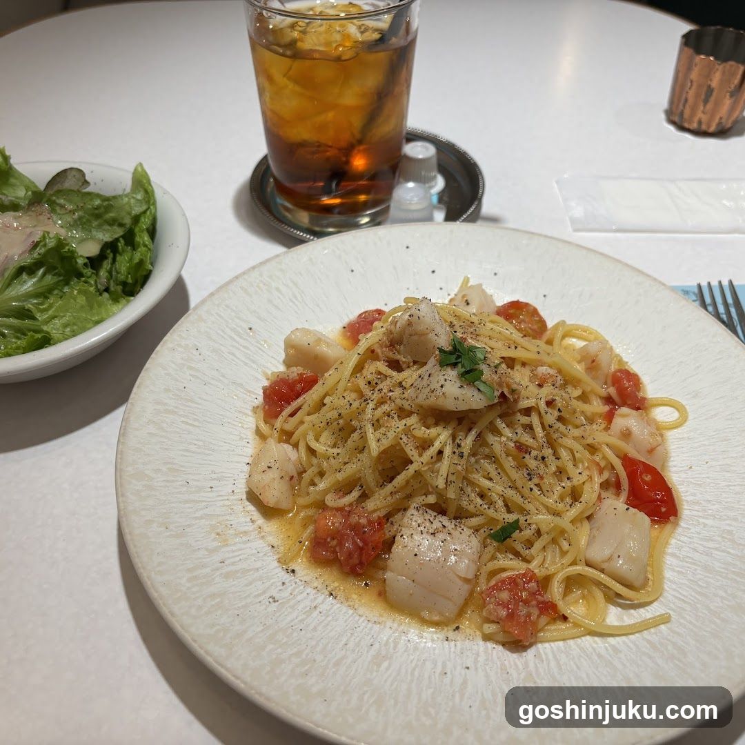 Seared Scallops Pasta with Cherry Tomatoes and Ice Tea
