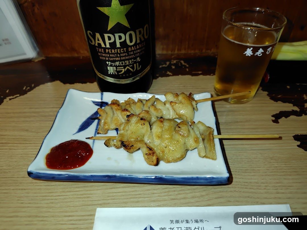 Sapporo Beer and Chicken Katsu Skewers