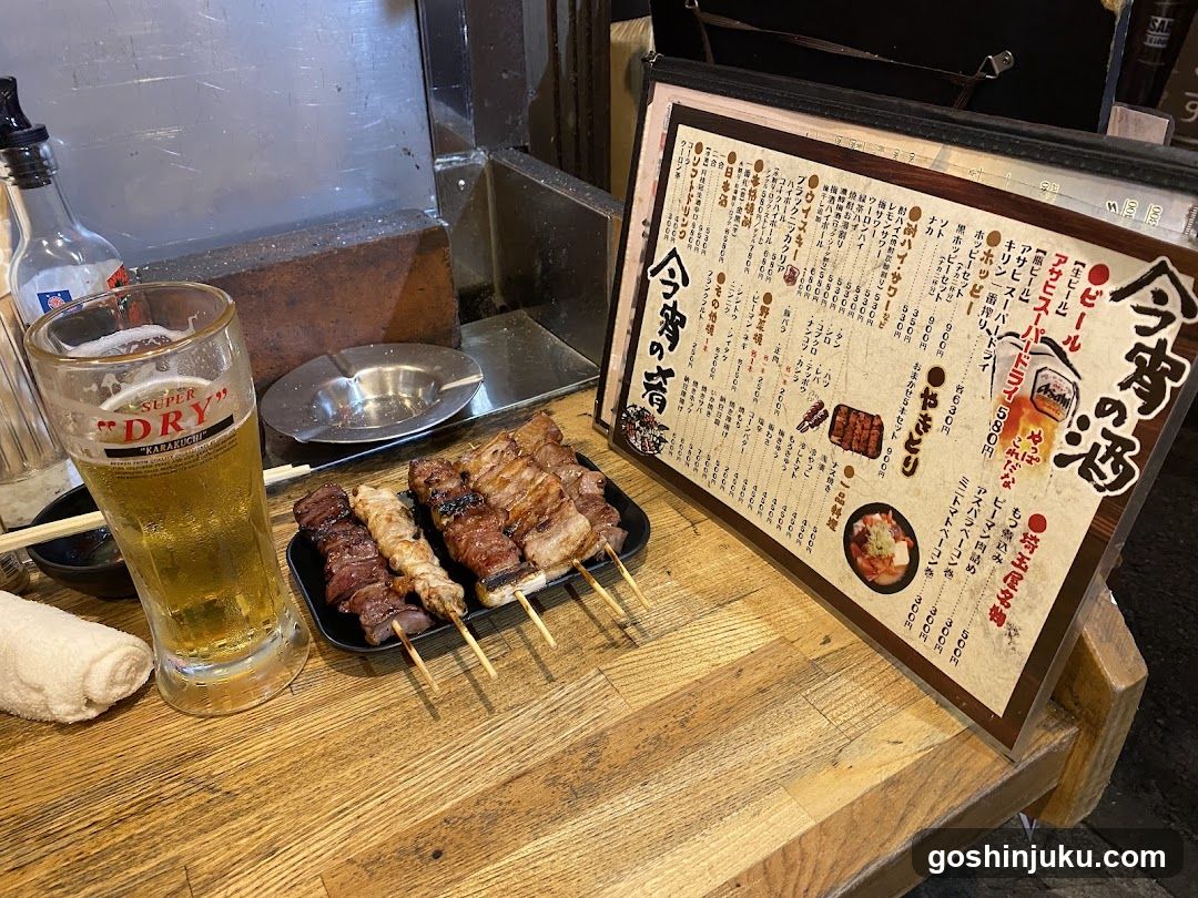 Yakitori and Beer at a Japanese Restaurant