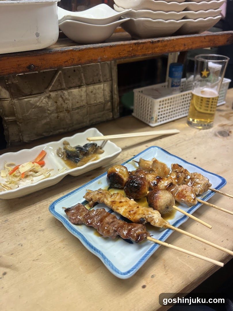 Yakitori and Side Dishes at a Japanese Restaurant