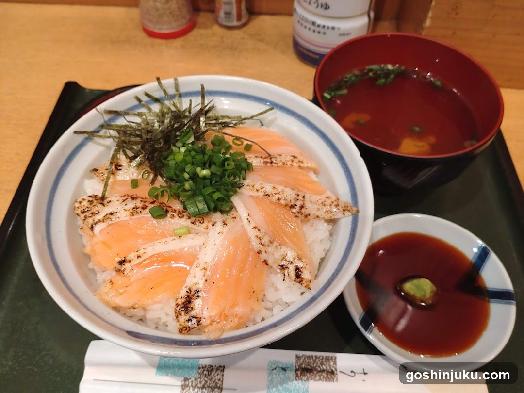 Sashimi Rice Bowl with Miso Soup and Soy Sauce
