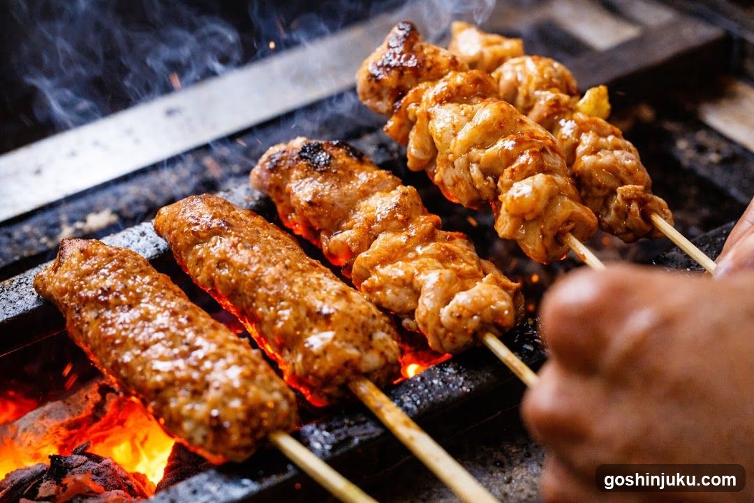 Grilled Meat Skewers on Charcoal Grill