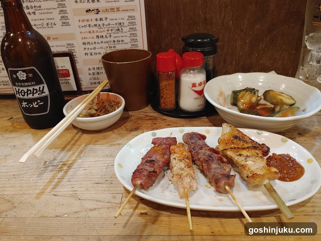 Yakitori and side dishes at a Japanese restaurant