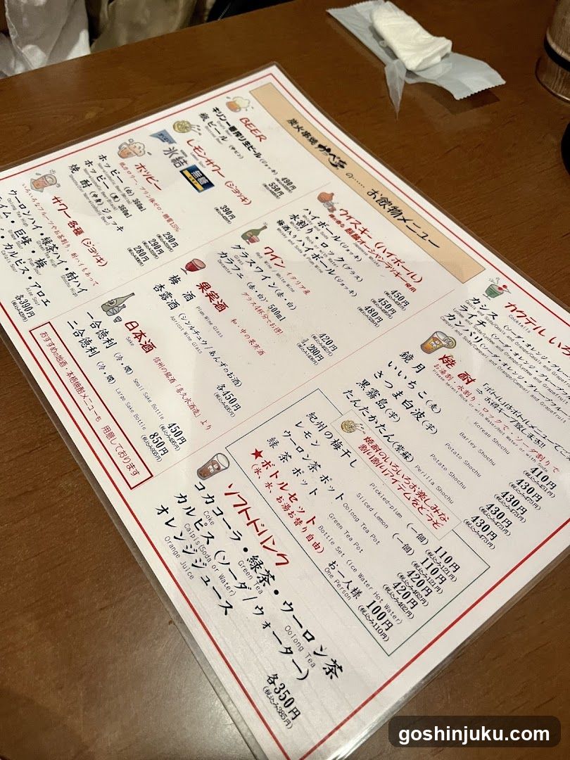 A printed menu on a wooden table, featuring various sake options with prices and descriptions in Japanese.
