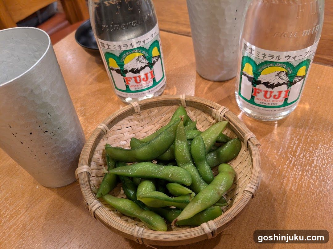 Edamame and Fuji Mineral Water