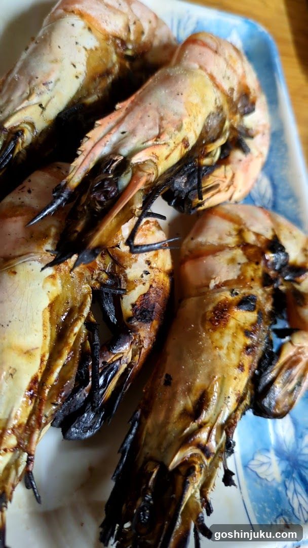 Grilled Prawns on a Blue and White Plate