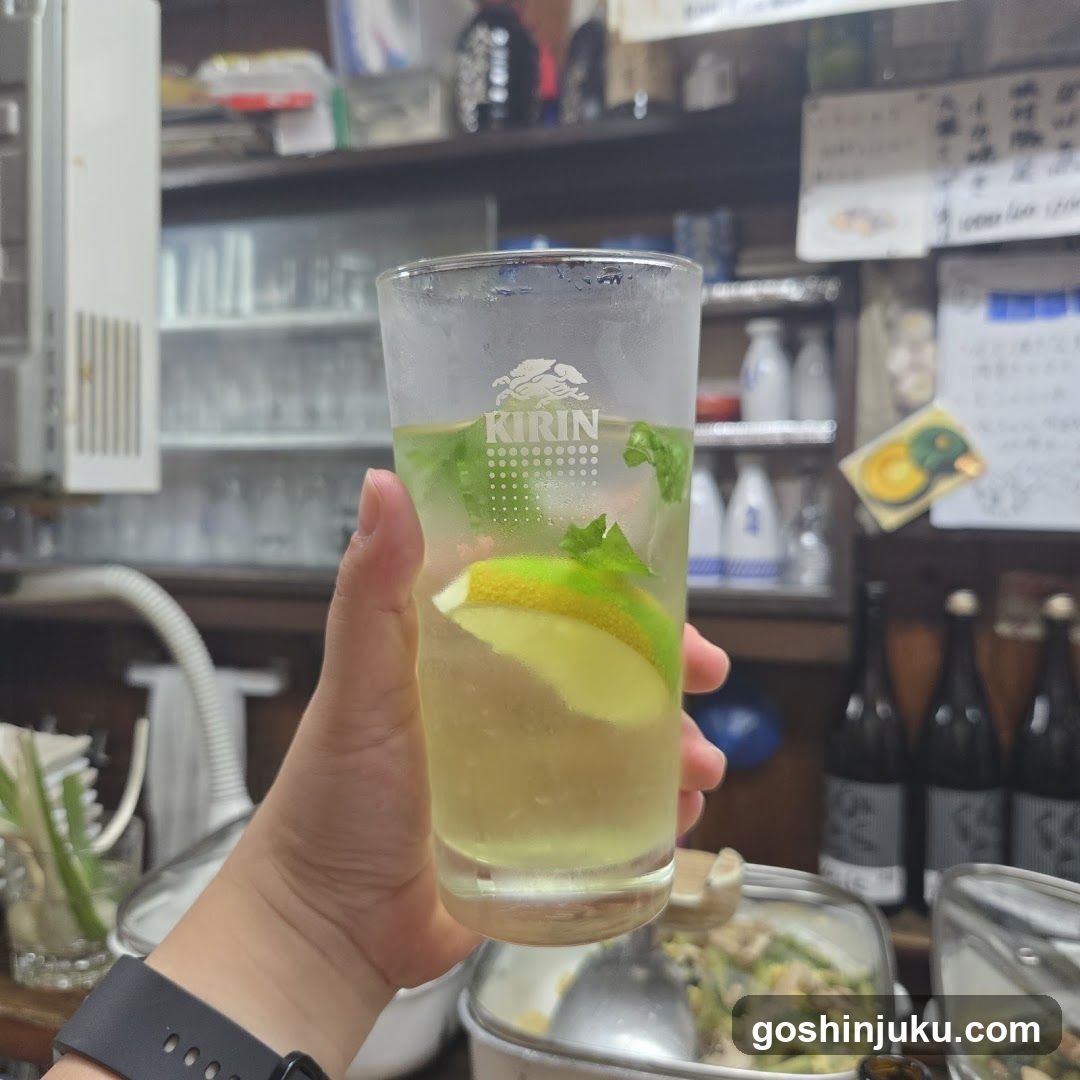 Hand holding Kirin beer glass with lemon and mint in a bar setting
