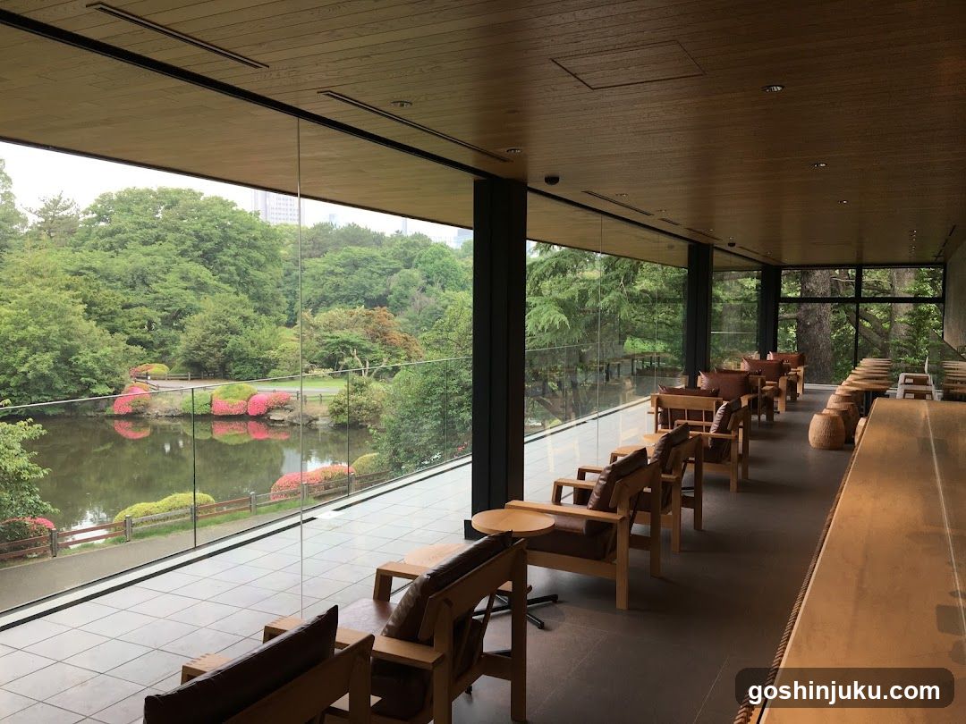 Interior View of a Modern Cafe with Garden Scenery