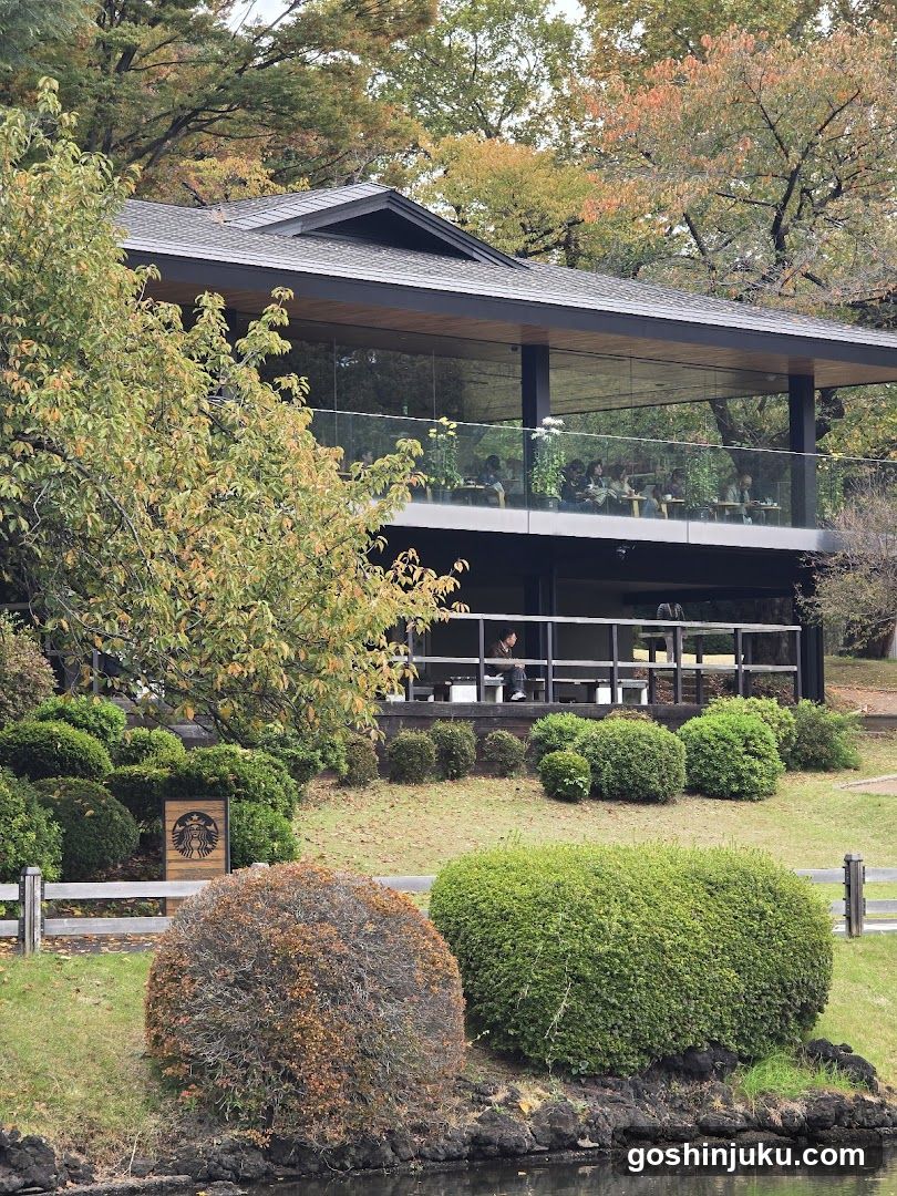 Modern building with glass facade and autumn foliage