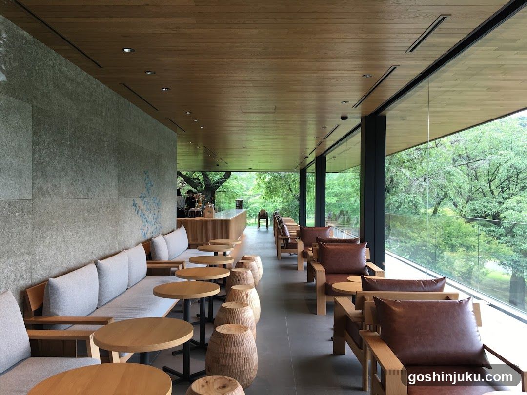 Interior of a modern café with wooden furniture and large windows