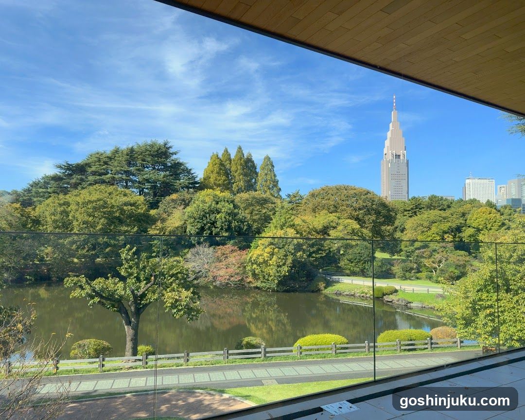 View from a building overlooking a park with a lake and city skyline in the background.