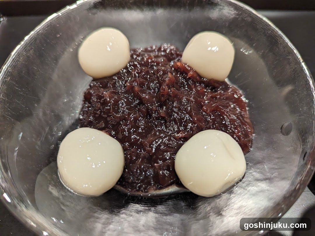 Dessert with red bean paste and mochi balls