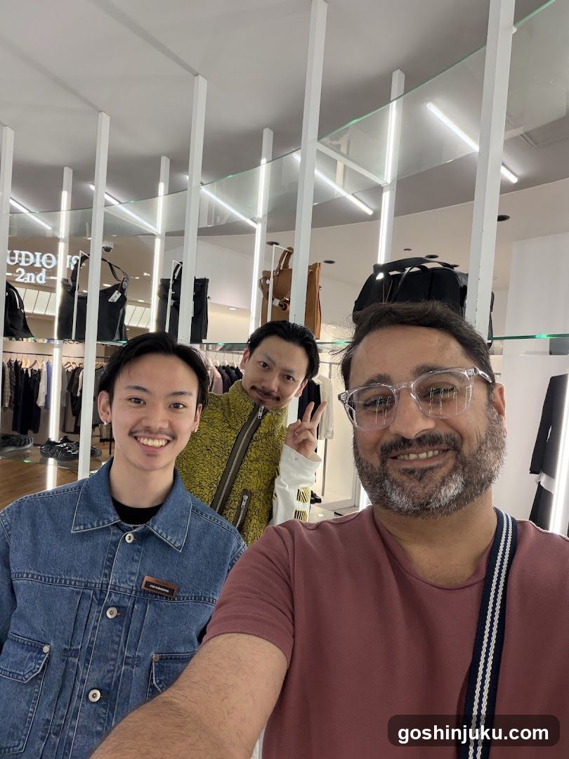 Three men in a clothing store