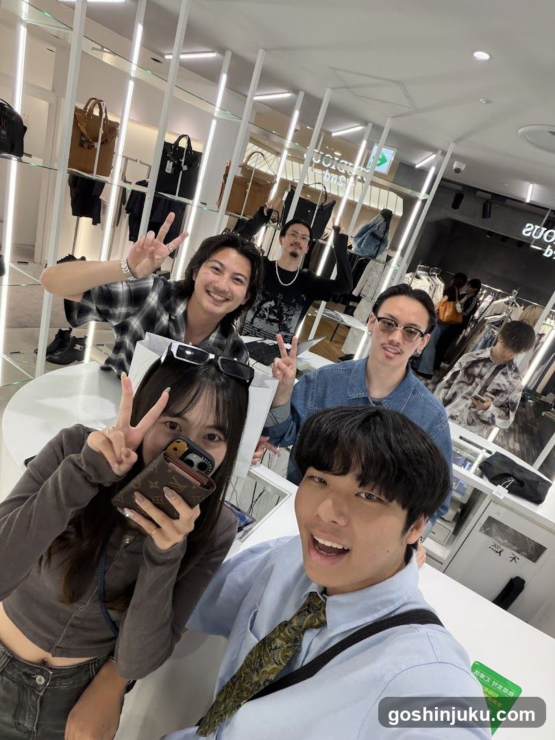 Group selfie in store interior