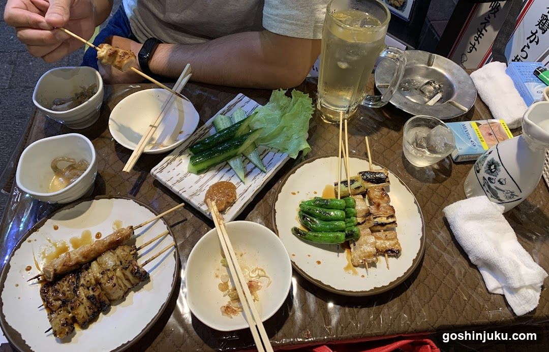 Yakitori and side dishes at a Japanese restaurant