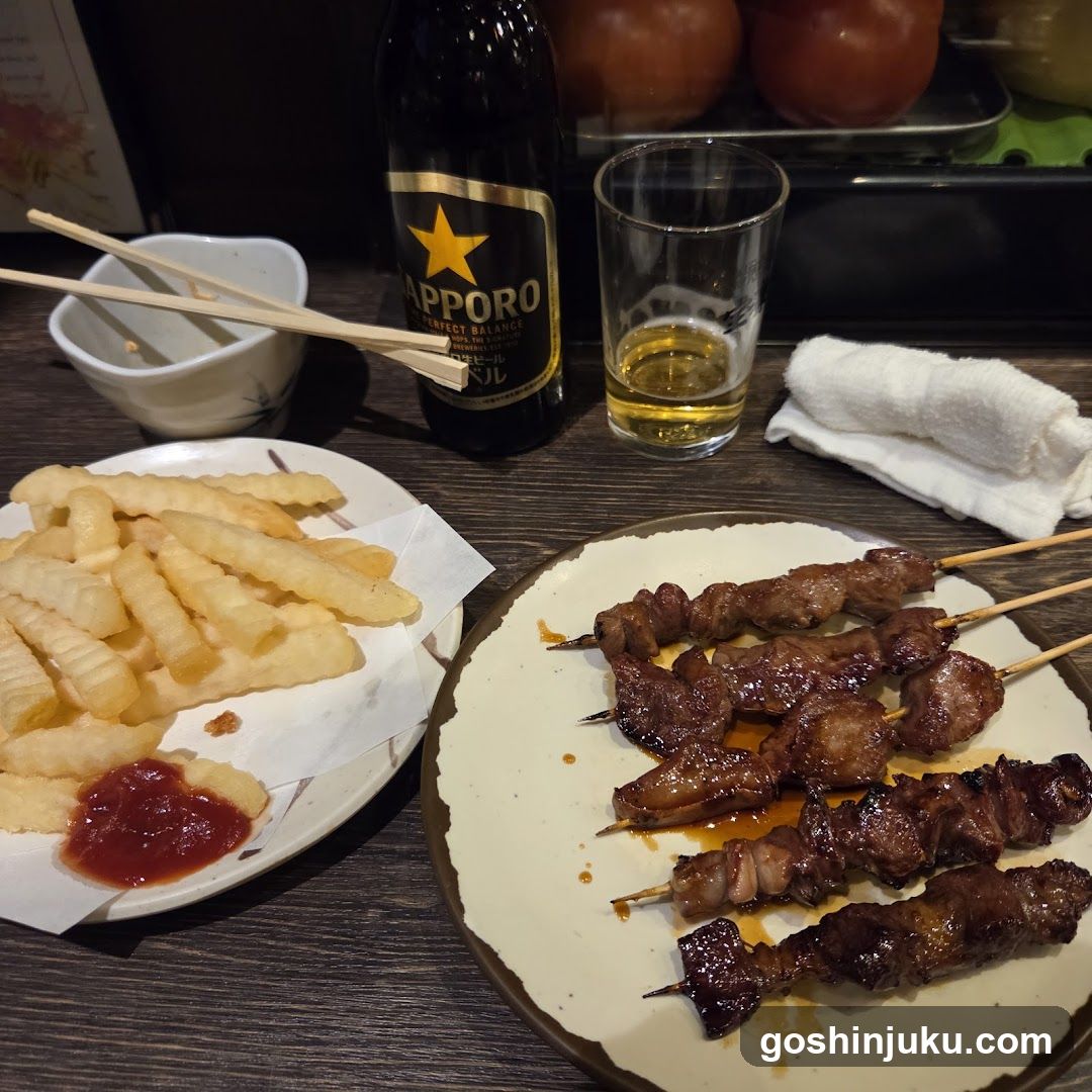 Yakitori and Fries with Apporo Beer