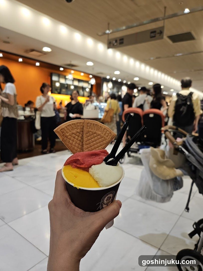 Ice cream dessert in a cup with waffle cone