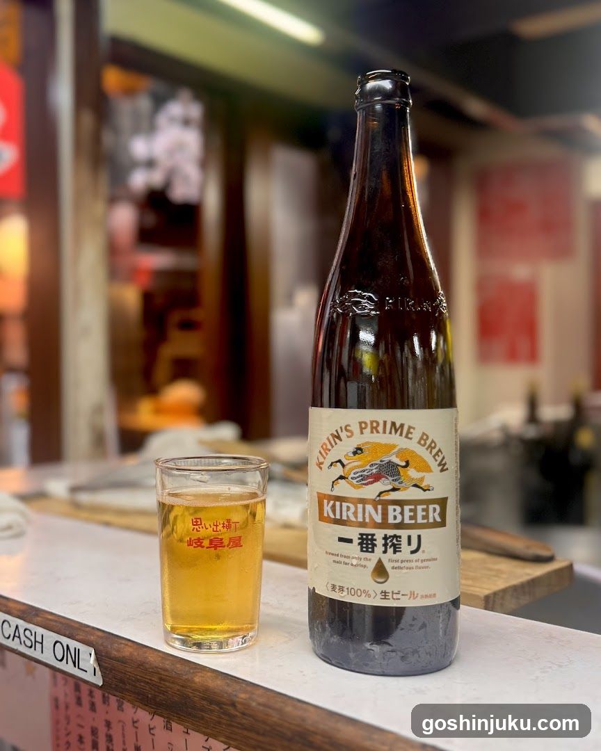 Kirin Beer Bottle and Glass on Counter