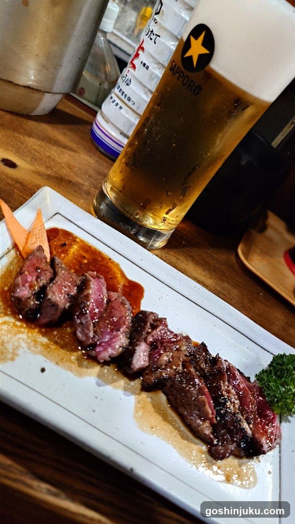 Sapporo Beer and Sliced Steak