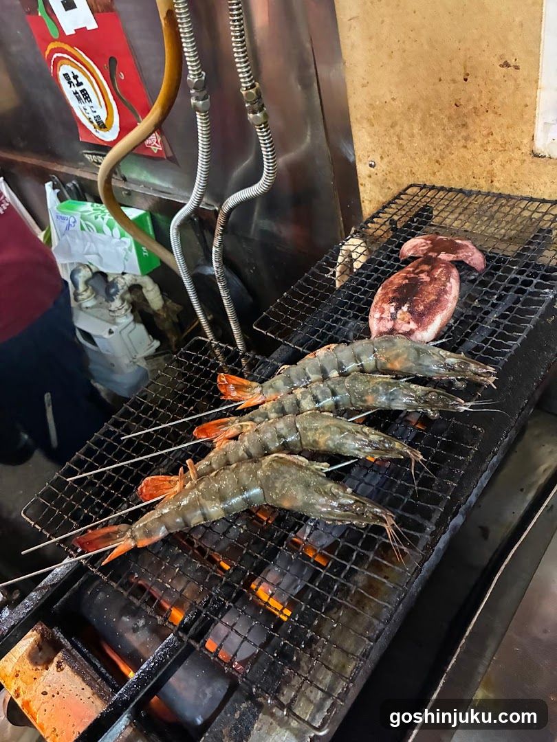 Grilled Shrimp and Squid on Charcoal Grill