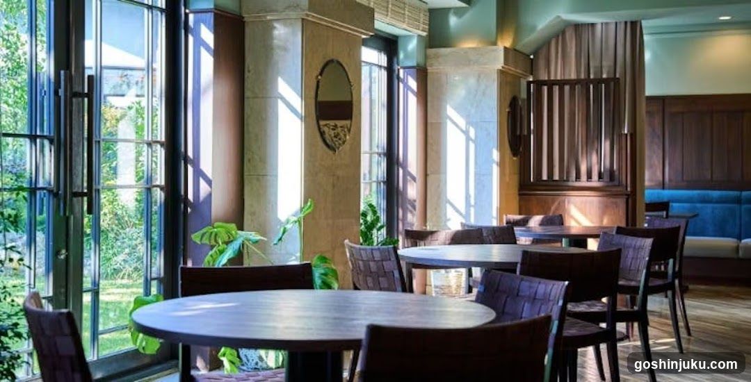 Restaurant Interior with Large Windows and Wooden Tables