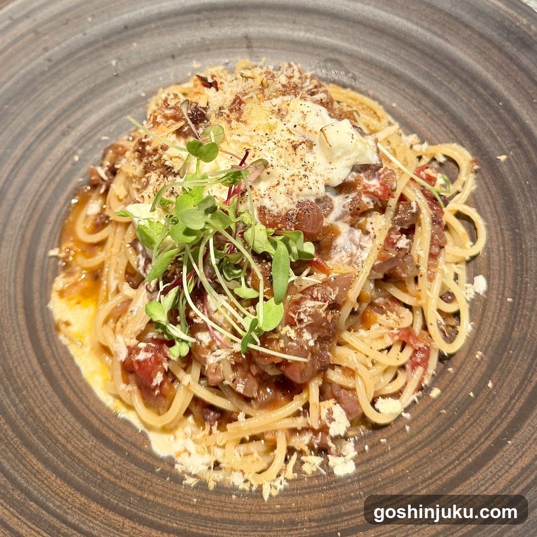 Spaghetti with Meat Sauce and Microgreens