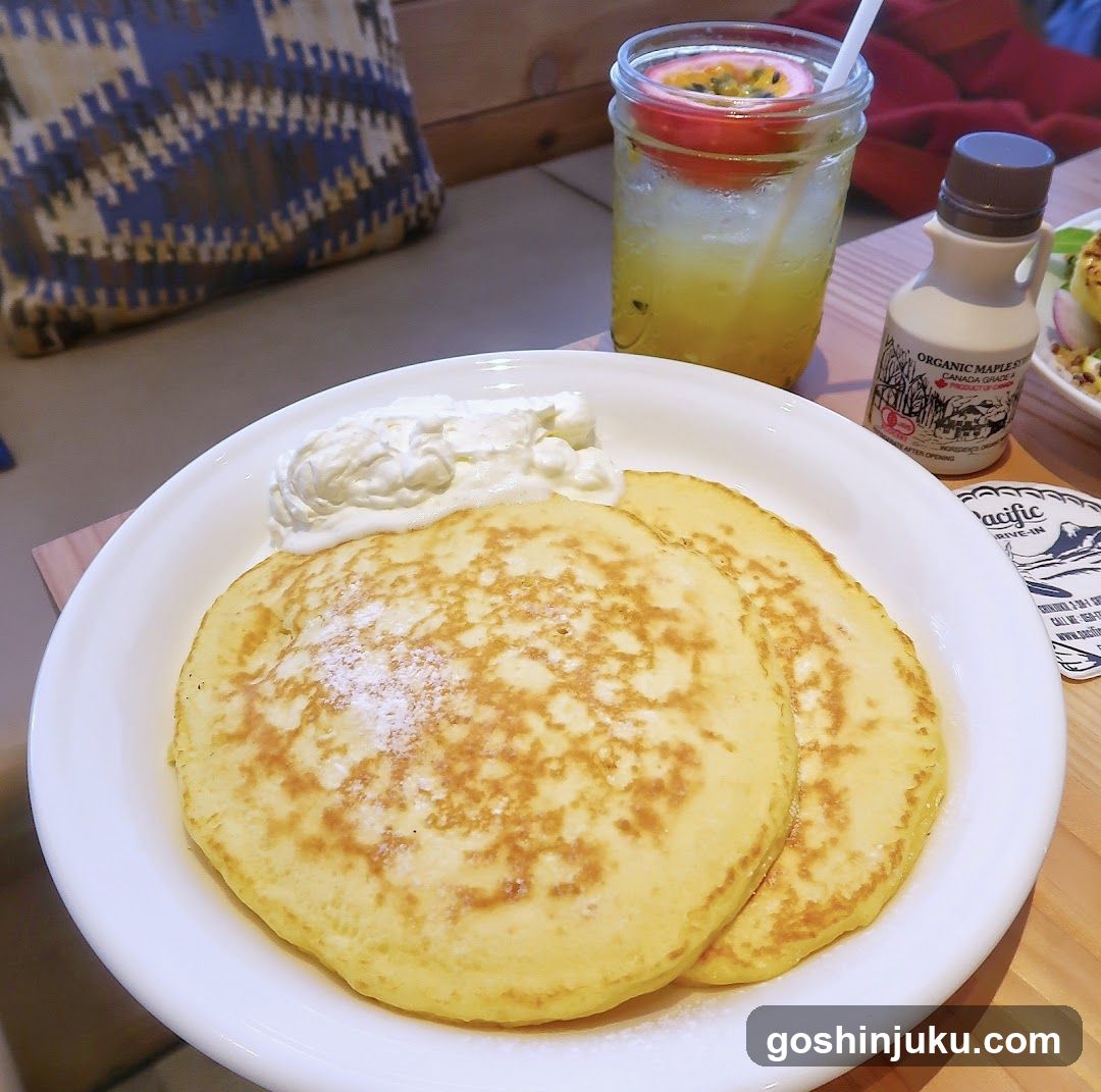 Pancakes with Maple Syrup and Passion Fruit Drink
