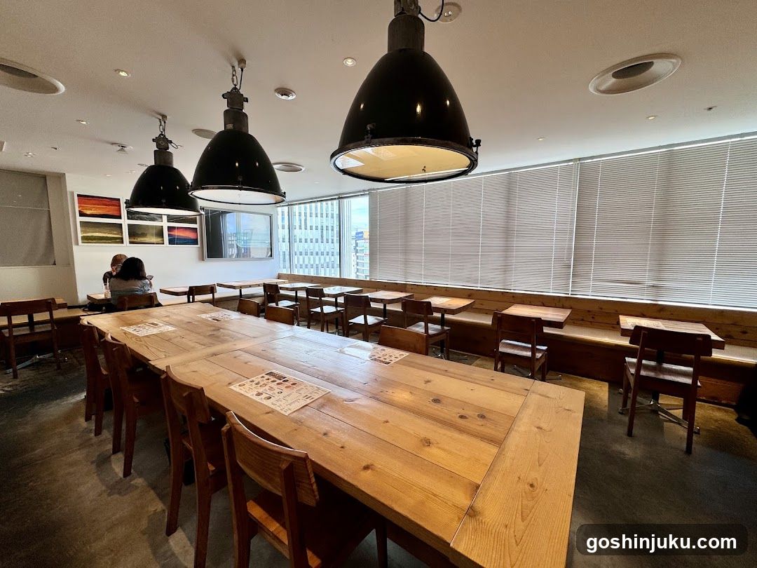 Restaurant Interior with Wooden Tables and Pendant Lights