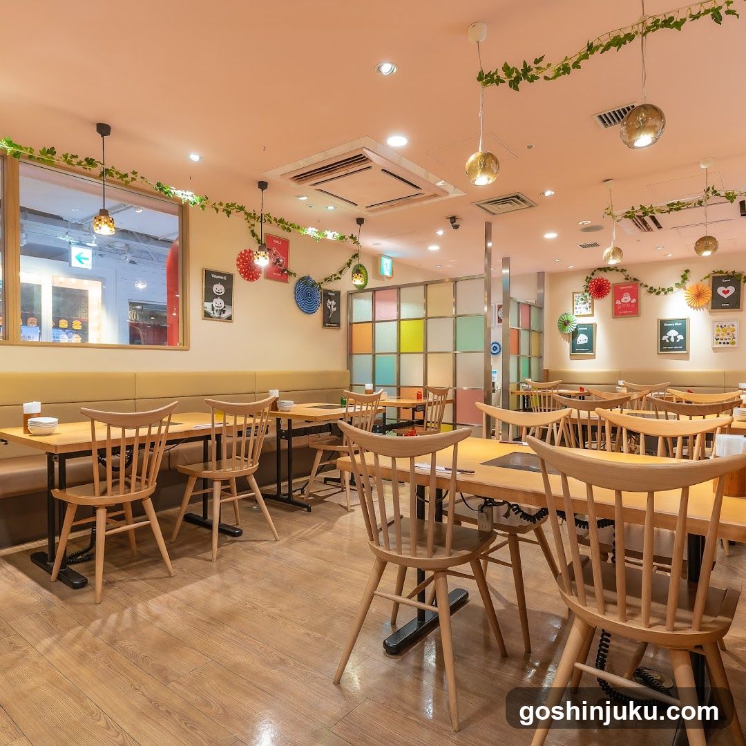 Restaurant Interior with Wooden Tables and Decorative Elements