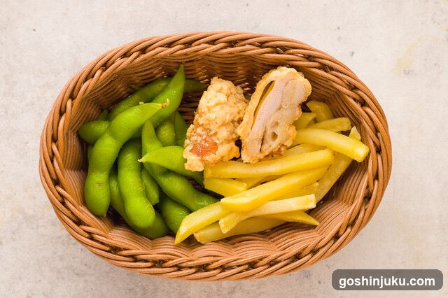 Bowl of Edamame, Fries and Chicken
