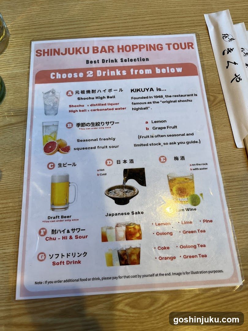 Shinjuku Bar Hopping Tour Menu