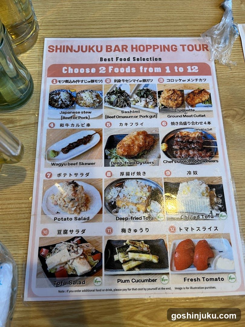 Shinjuku Bar Hopping Tour Menu