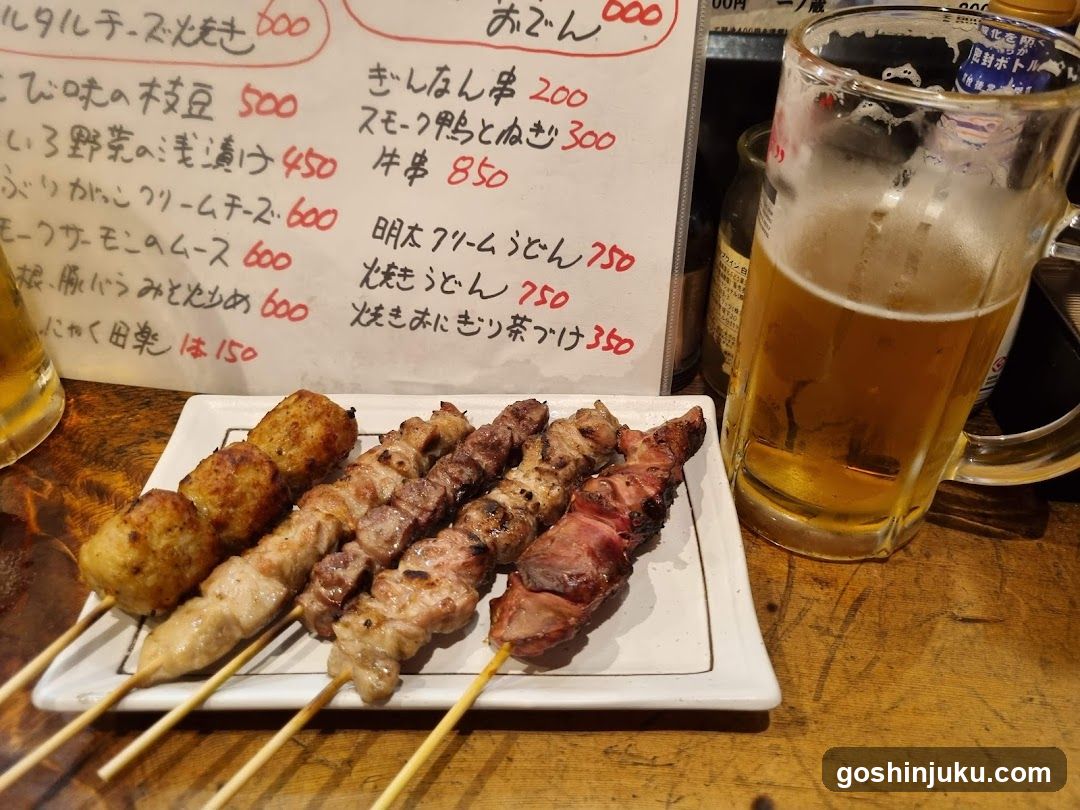 Yakitori and Beer at a Japanese Restaurant