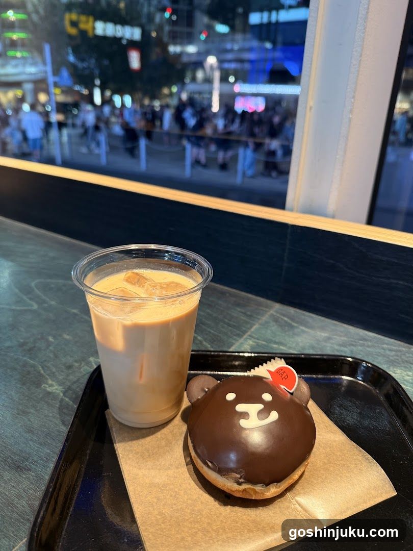 Bear-shaped donut and iced coffee