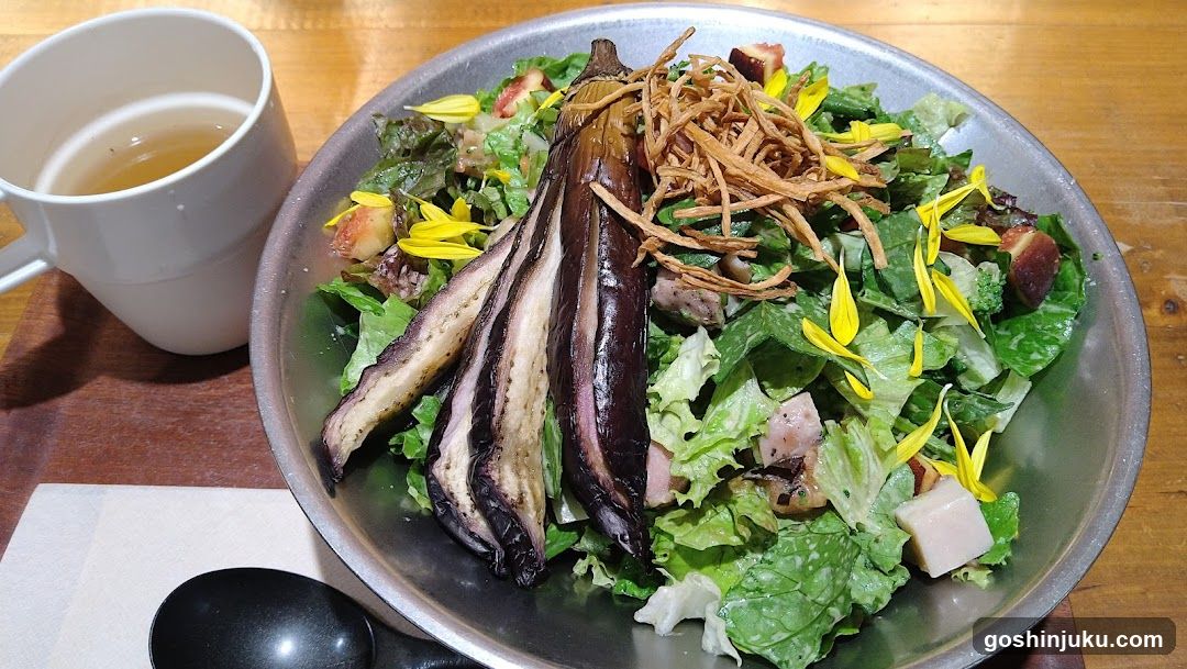 Grilled Eggplant Salad with Flower Garnish