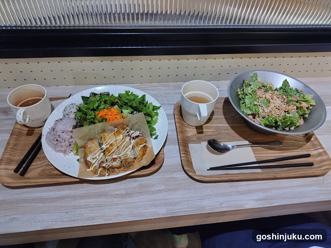 Meal on wooden trays