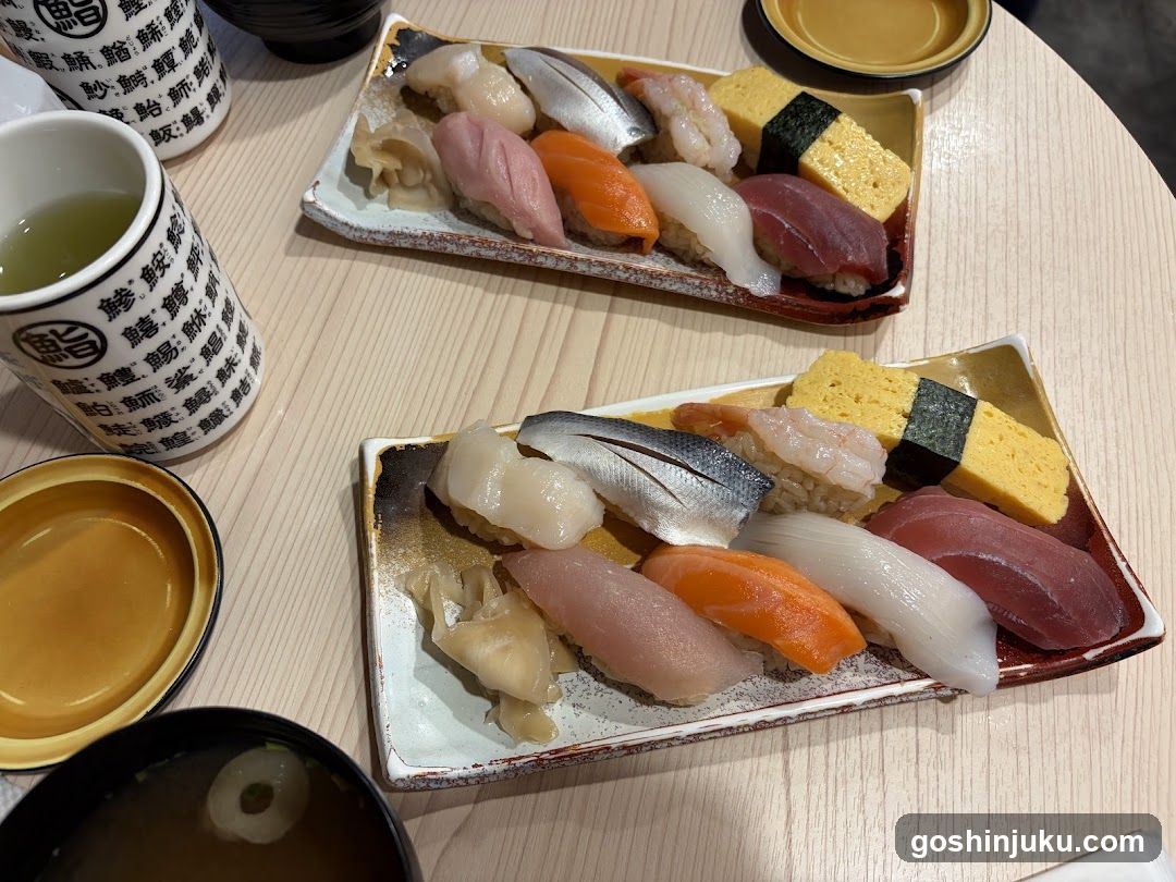 Sushi Platter with Tea and Soup Bowls