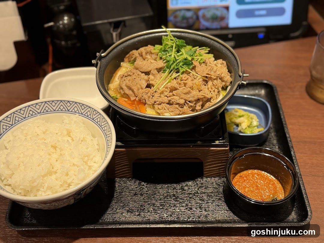Japanese Hot Pot Meal with Rice and Sides