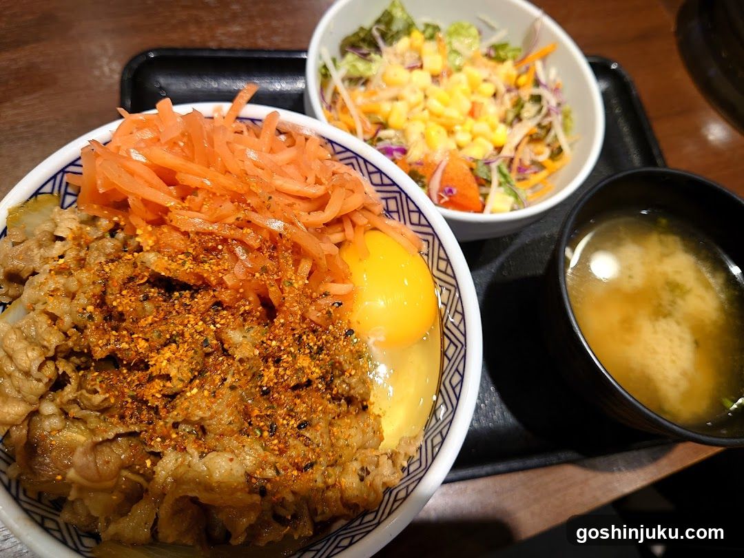 Bowl of meat with egg and salad