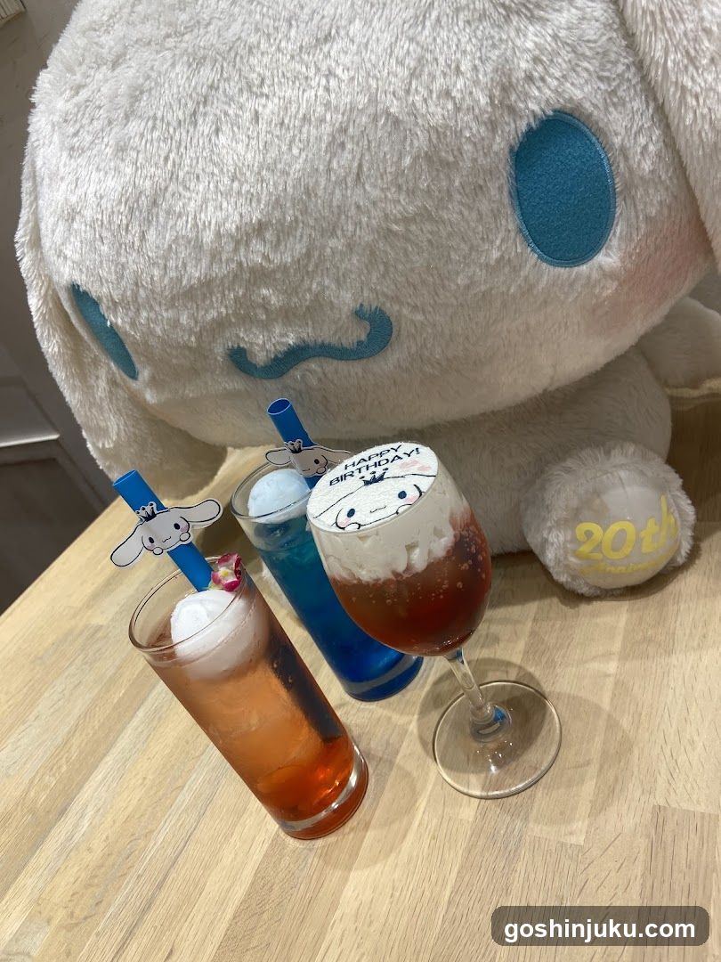 Cinnamoroll themed drinks and plush toy