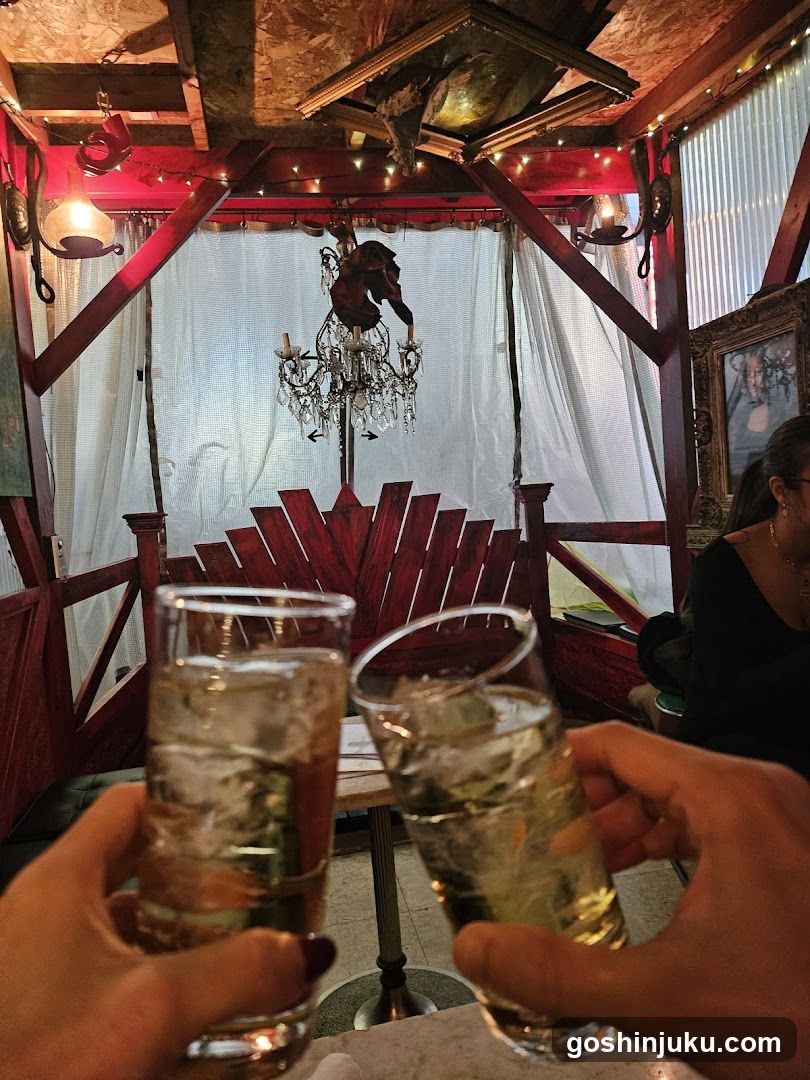 Cheers in a rustic bar