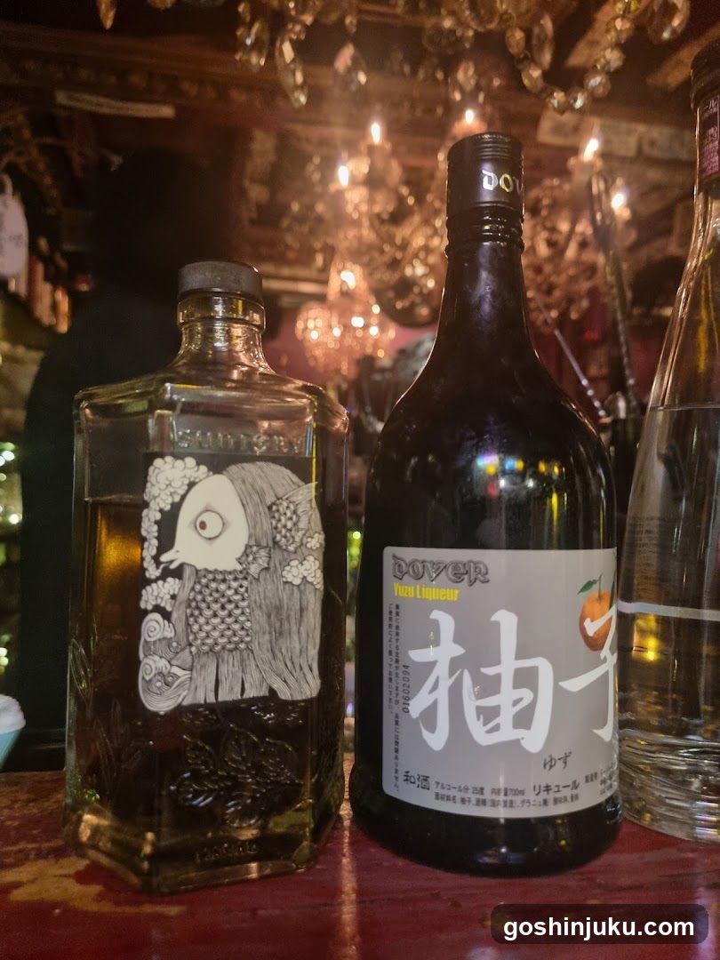 Bottles on a table in a dimly lit interior