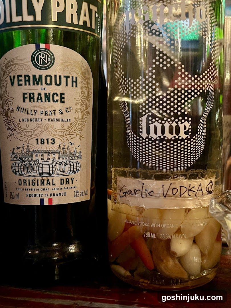 Bottles of Vermouth and Garlic Vodka