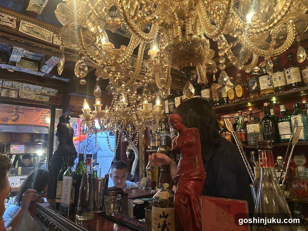 Bar Interior with Chandeliers and Bottles