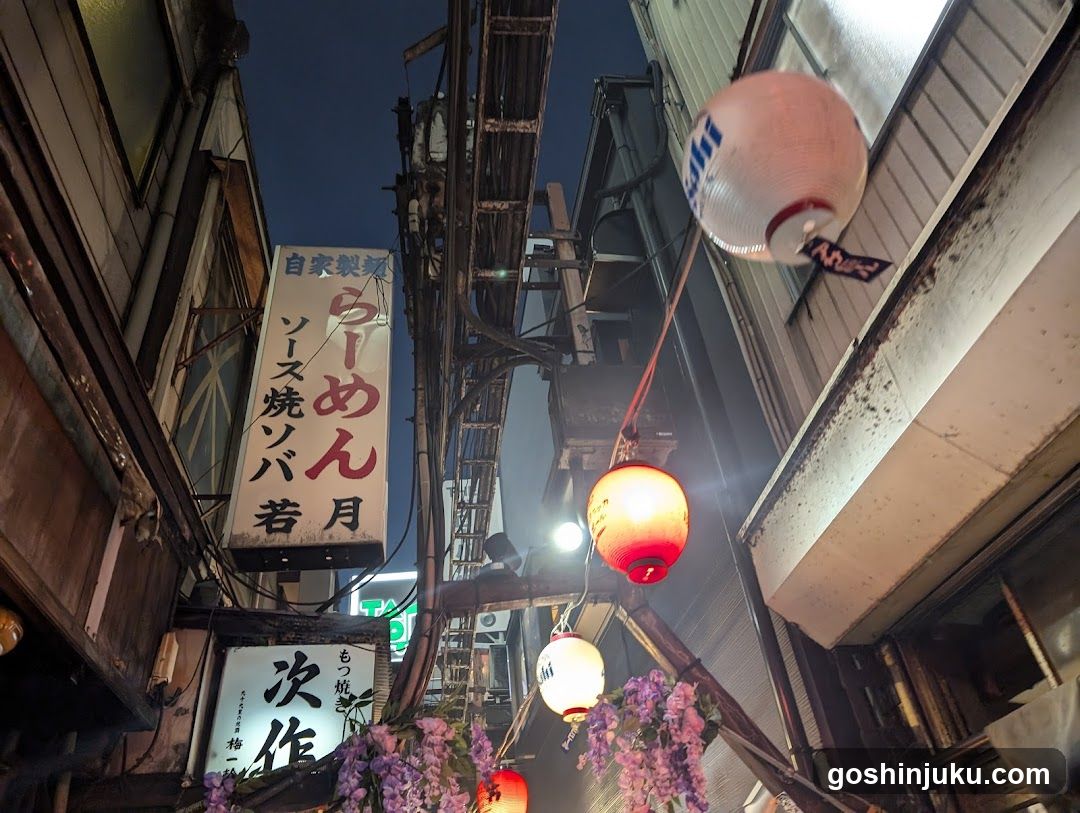 Night street with illuminated lanterns and signs