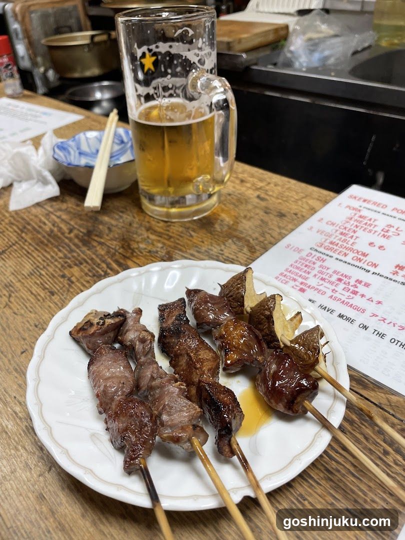 Yakitori and Beer at a Japanese Restaurant