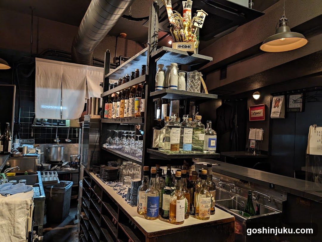 Bar Interior with Shelves and Kitchen Area