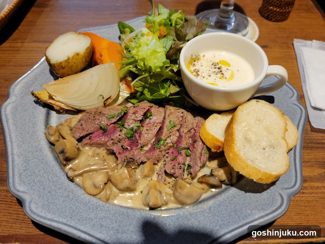 Steak with Mushrooms and Salad