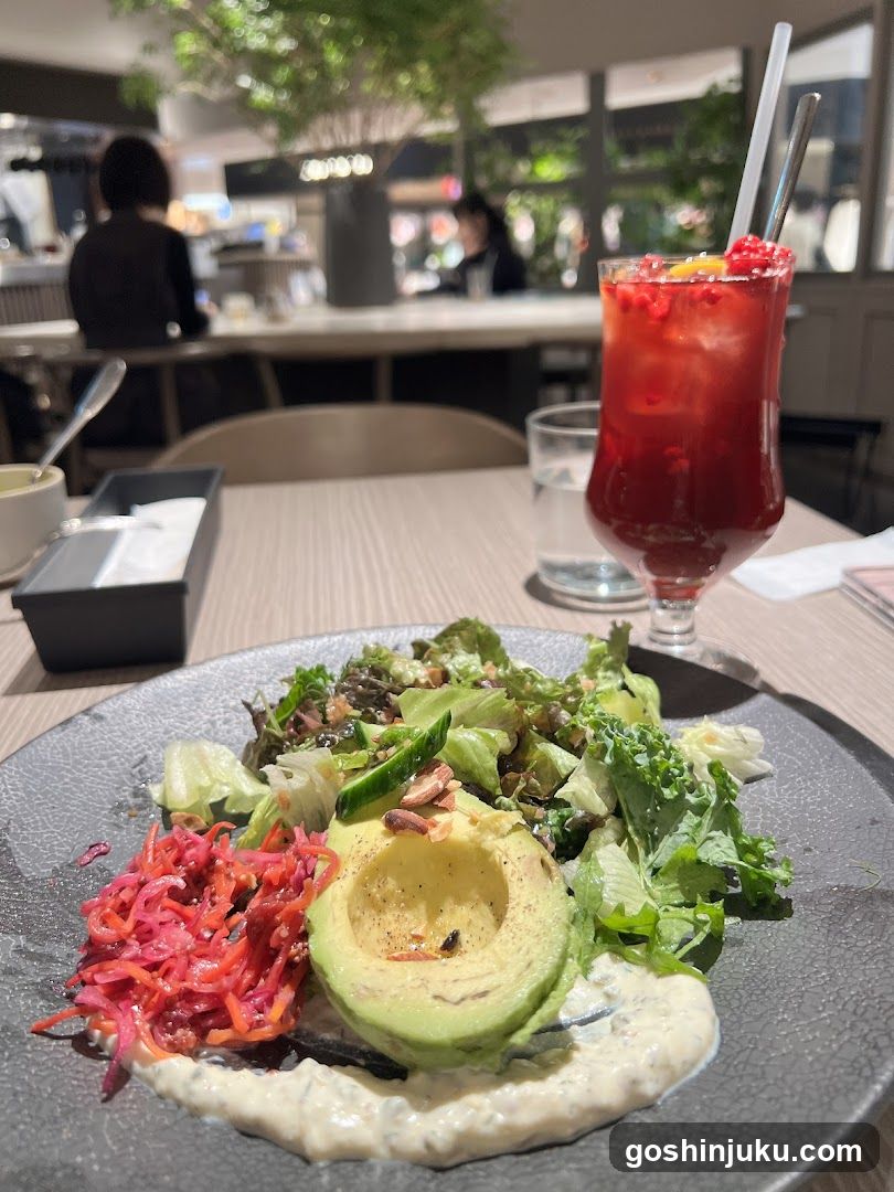 Avocado Salad with Red Drink