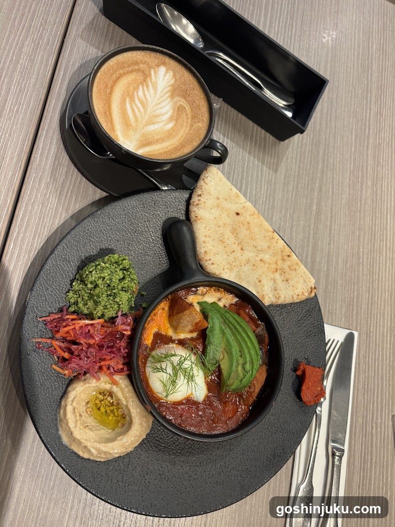 Avocado Shakshuka with Hummus and Latte